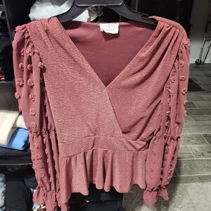 Red V-Neck Blouse with Textured Sleeves